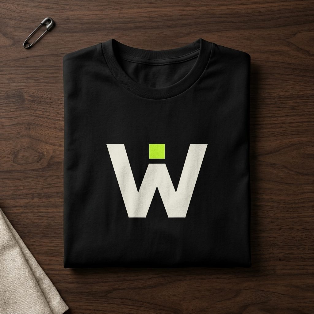 Mockup de uma camiseta preta dobrada, com a marca da World IT Mission estampada no peito, sobre uma mesa de madeira.