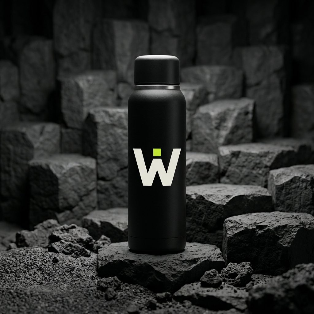 Garrafa térmica preta com a marca da World IT Mission (um W claro com um quadrado verde) aplicada no corpo.